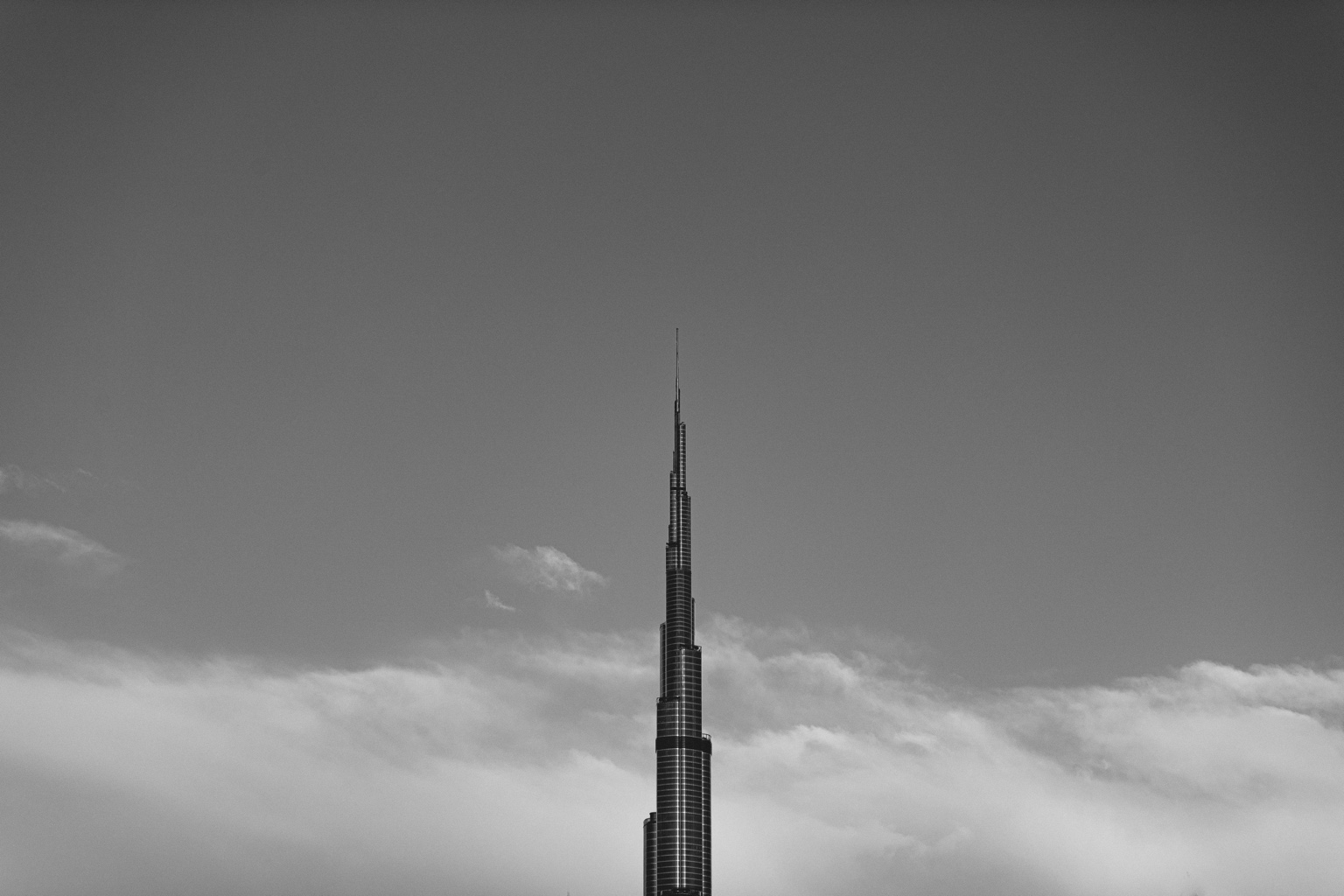Burj Khalifa rising above Dubai in monochrome